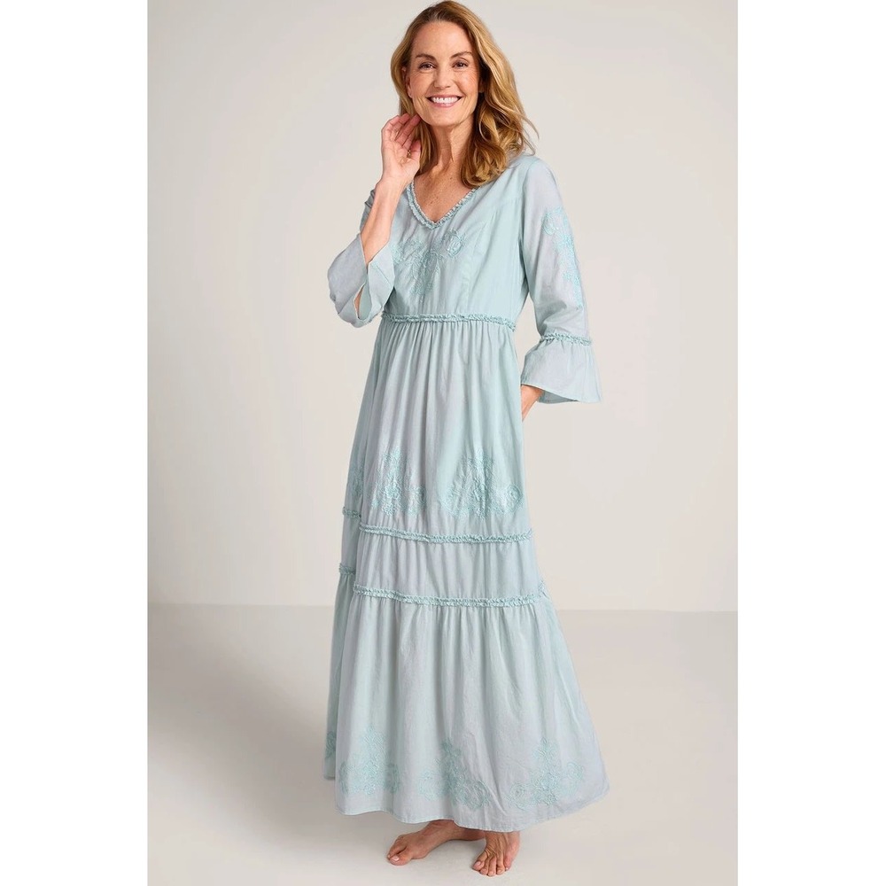 Soft Surroundings Anastasia Nightgown Aqua Cotton Embroidered Maxi Dress Ruffle
